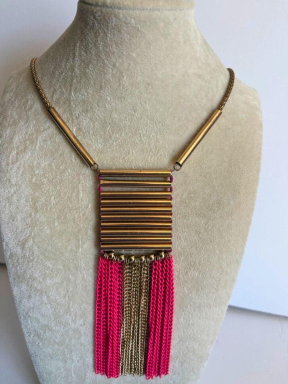 Gold Fringe Statement Necklace Pink Tassel Chain Bold Boho Chic AnthroP Esq